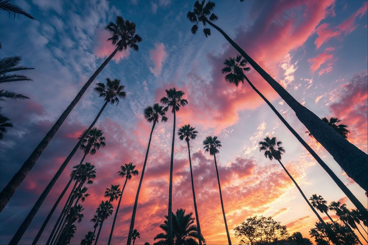 Palm trees at sunset, framed by the shape of California