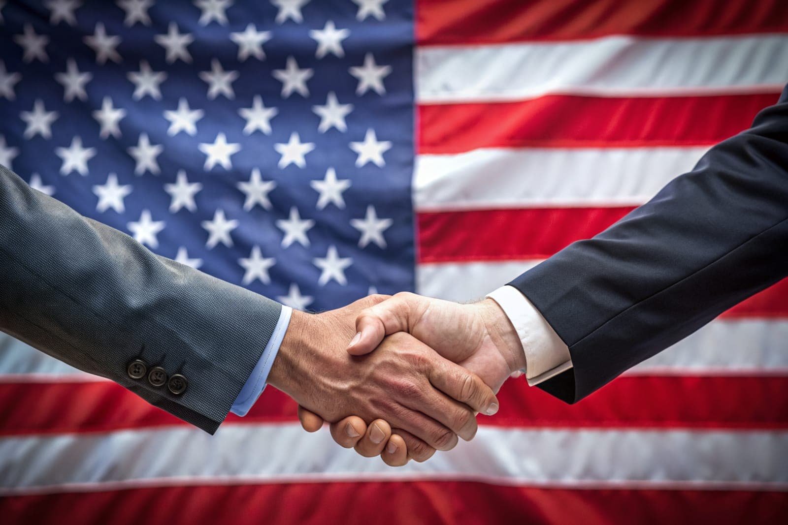Two people in business suits shaking hands in front of a US flag