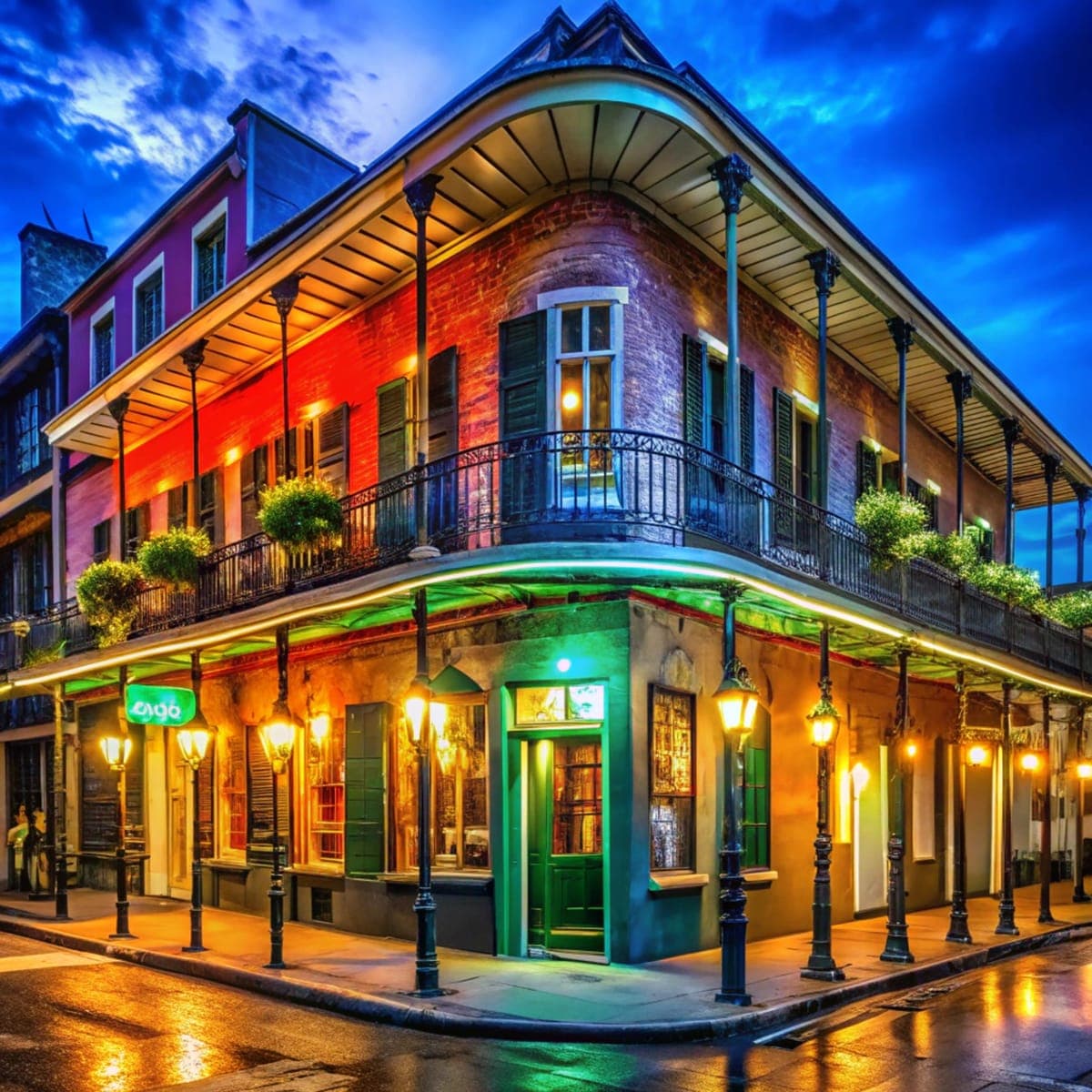 Neon-lit pubs in the French Quarter of New Orleans, framed by the shape of Louisiana