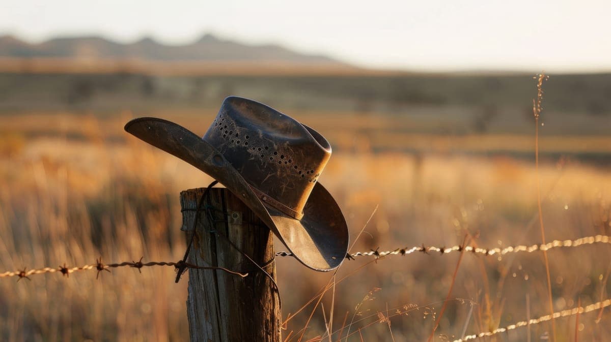 A cowboy hat on a fence post at sunset, framed by the shape of Texas
