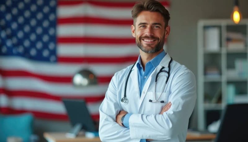Pharmacist standing in front of a US flag