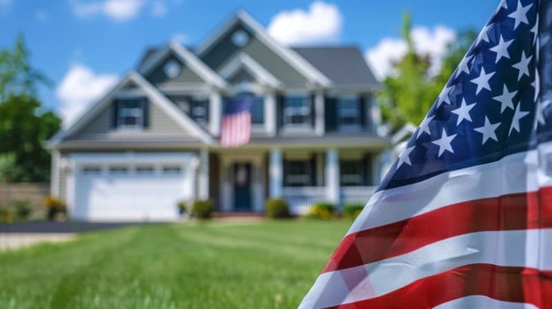 Suburban American home with a US flag