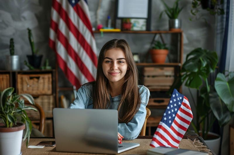 Professional working on a laptop beside a US flag
