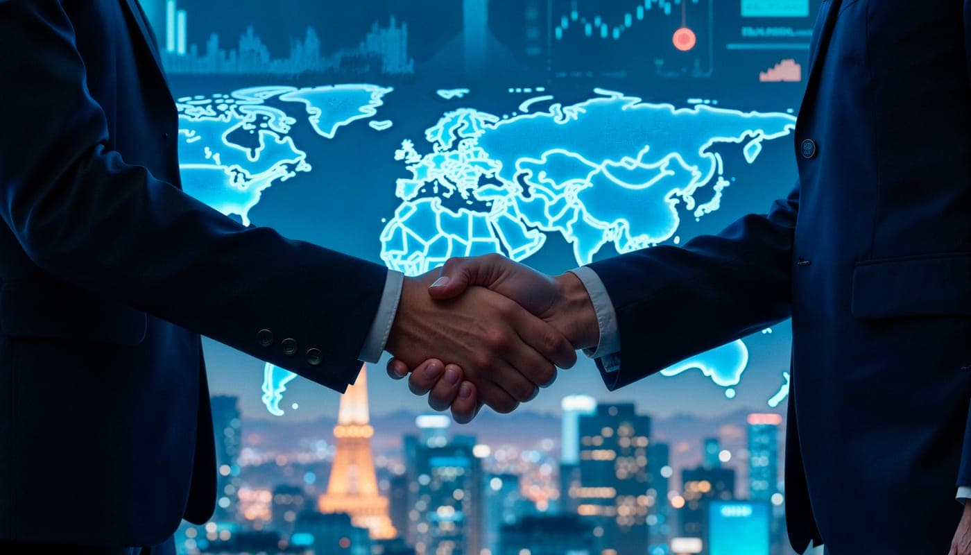 Two people shaking hands over a glowing world map